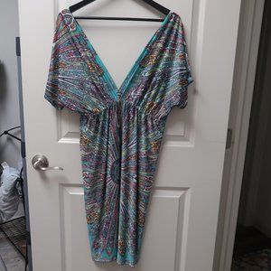 Boho style women's small silky adjustable printed paisley v neck dress colorful